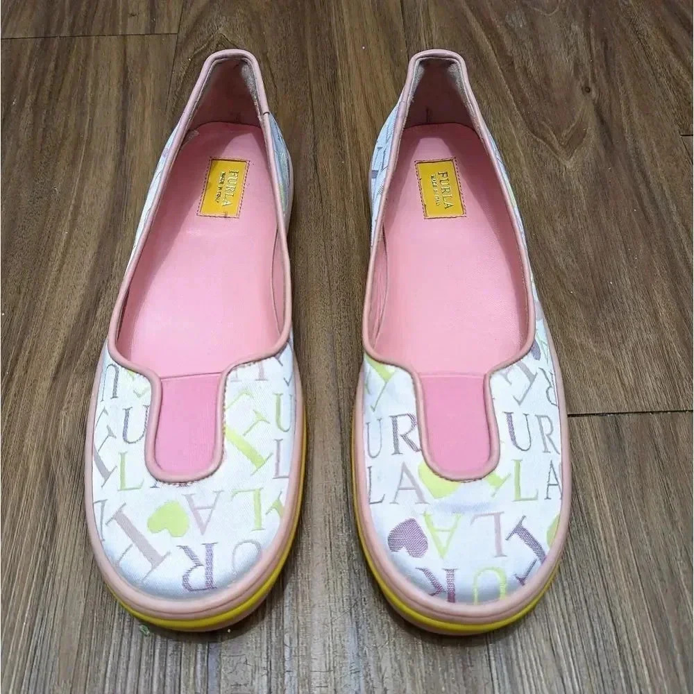 Furla Women's Size 7.5 ( EU 38) Printed Pink Canvas Loafer Flat Shoes